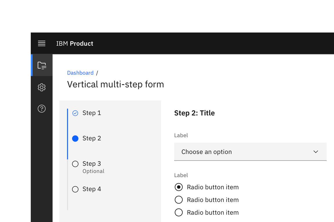 A multi-step form with a vertically oriented progress indicator.